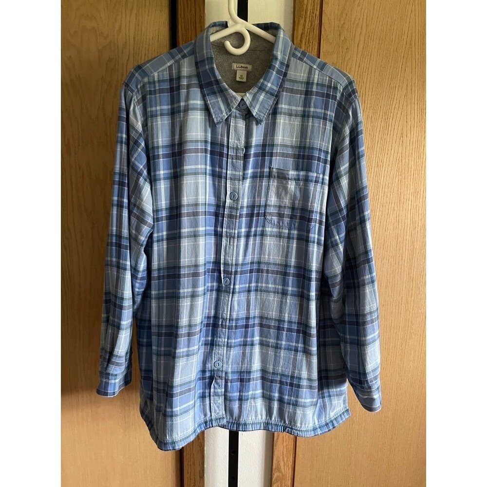 L.L. Bean Womens 1X Blue Plaid Shirt Jacket With Fleece Lining